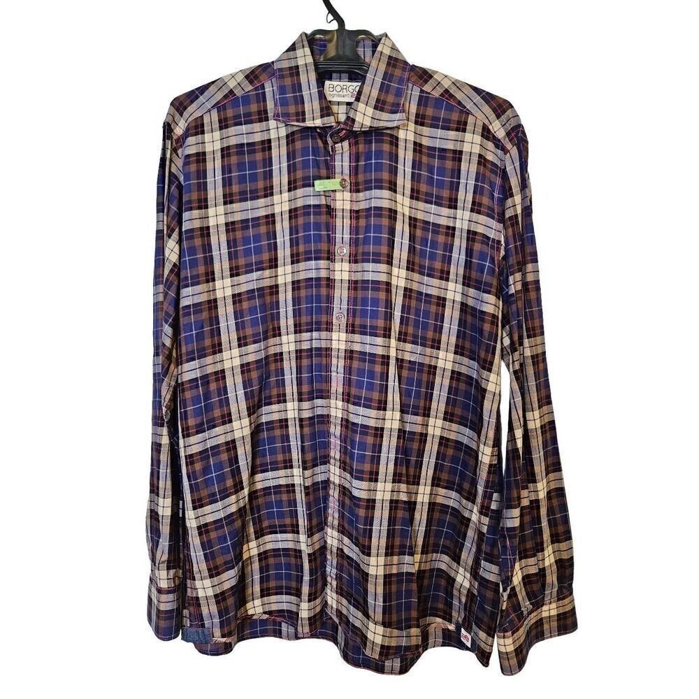 Borgo ognissanti navy and tan plaid dress shirt. Size L.
